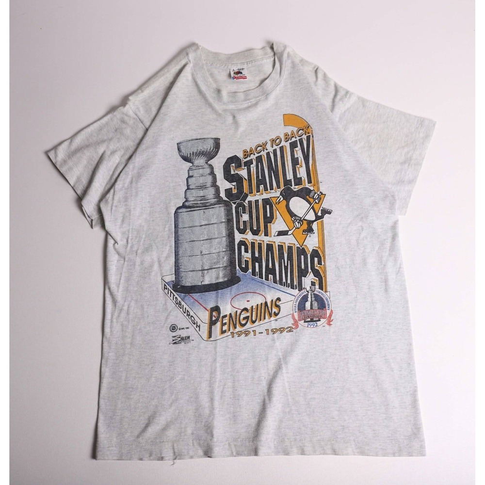 Vintage 1992 Pittsburgh Penguins Stanley Cup Champs T-Shirt Salem Gray Large
